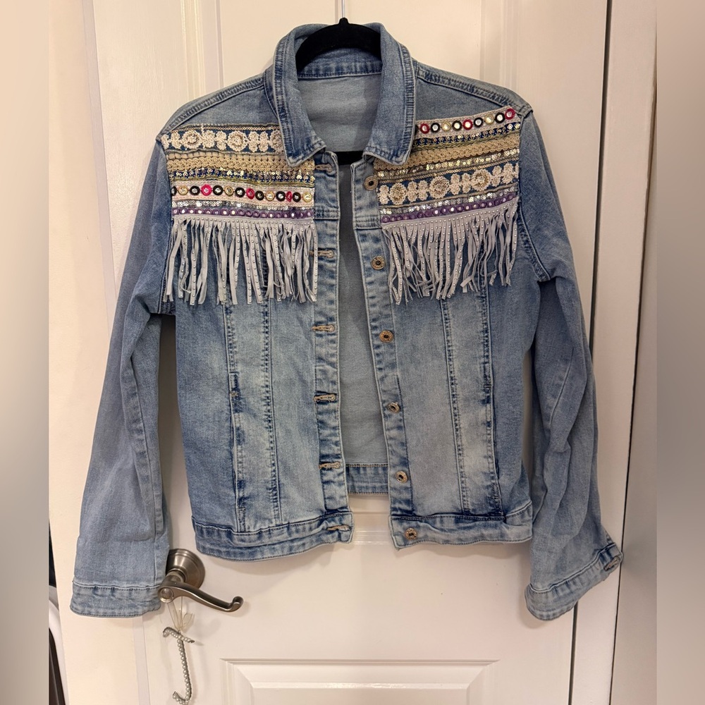 Denim Jacket with Embellishments and Fringe - Size XL (Fits as M)